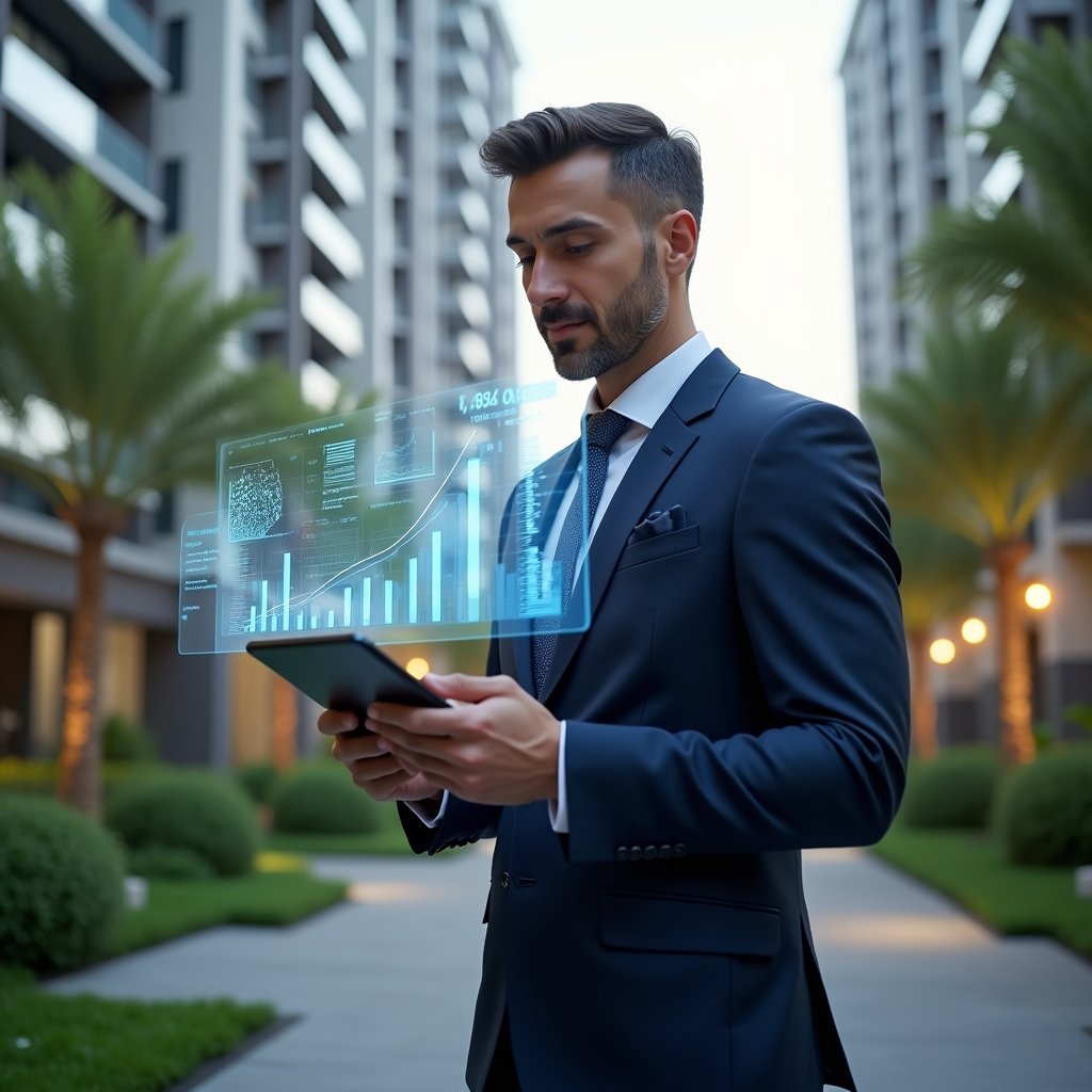 Ultra-realistic condominium manager in a navy executive suit, set in a modern luxury condominium environment with high-rise buildings and manicured green landscaping, holding a tablet and interacting with floating holographic graphs of energy, water and financial reports, confident and focused expression, cinematic lighting, shallow depth of field, highly detailed textures, realistic skin, photographic realism, 8k resolution --ar 1:1 --v 6