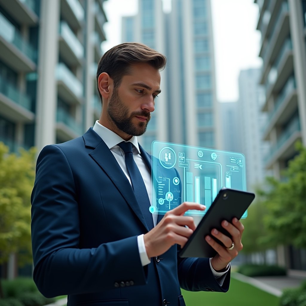 (Ultra-realistic condominium manager in a tailored dark blue suit, set in a modern luxury condominium environment with high-rise buildings and lush green landscaping, holding a tablet displaying holographic financial charts and reservation icons, confidently interacting with the app interface, holographic maintenance request and messaging symbols floating around, cinematic lighting, shallow depth of field, highly detailed textures, realistic skin, photographic realism, 8k resolution --ar 1:1 --v 6)