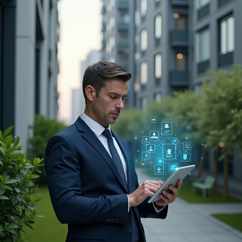 (Ultra-realistic condominium manager in a navy executive suit, set in a modern luxury condominium environment with high-rise buildings and lush green landscaping, holding a tablet and interacting with holographic icons representing communication, finance, space reservations, maintenance requests, and access control, confident and focused expression, cinematic lighting, shallow depth of field, highly detailed textures, realistic skin, photographic realism, 8k resolution --ar 1:1 --v 6)