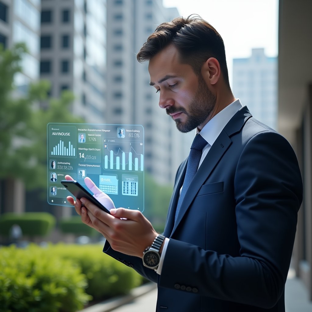 Ultra-realistic condominium manager in a tailored navy suit, set in a modern luxury condominium environment with high-rise buildings and manicured green landscaping, interacting with a floating holographic smartphone interface displaying a sleek condo management app dashboard, analyzing charts and notifications with a confident, focused expression, translucent icons of residents, calendar and maintenance symbols orbiting around, cinematic lighting, shallow depth of field, highly detailed textures, realistic skin, photographic realism, 8k resolution --ar 1:1 --v 6