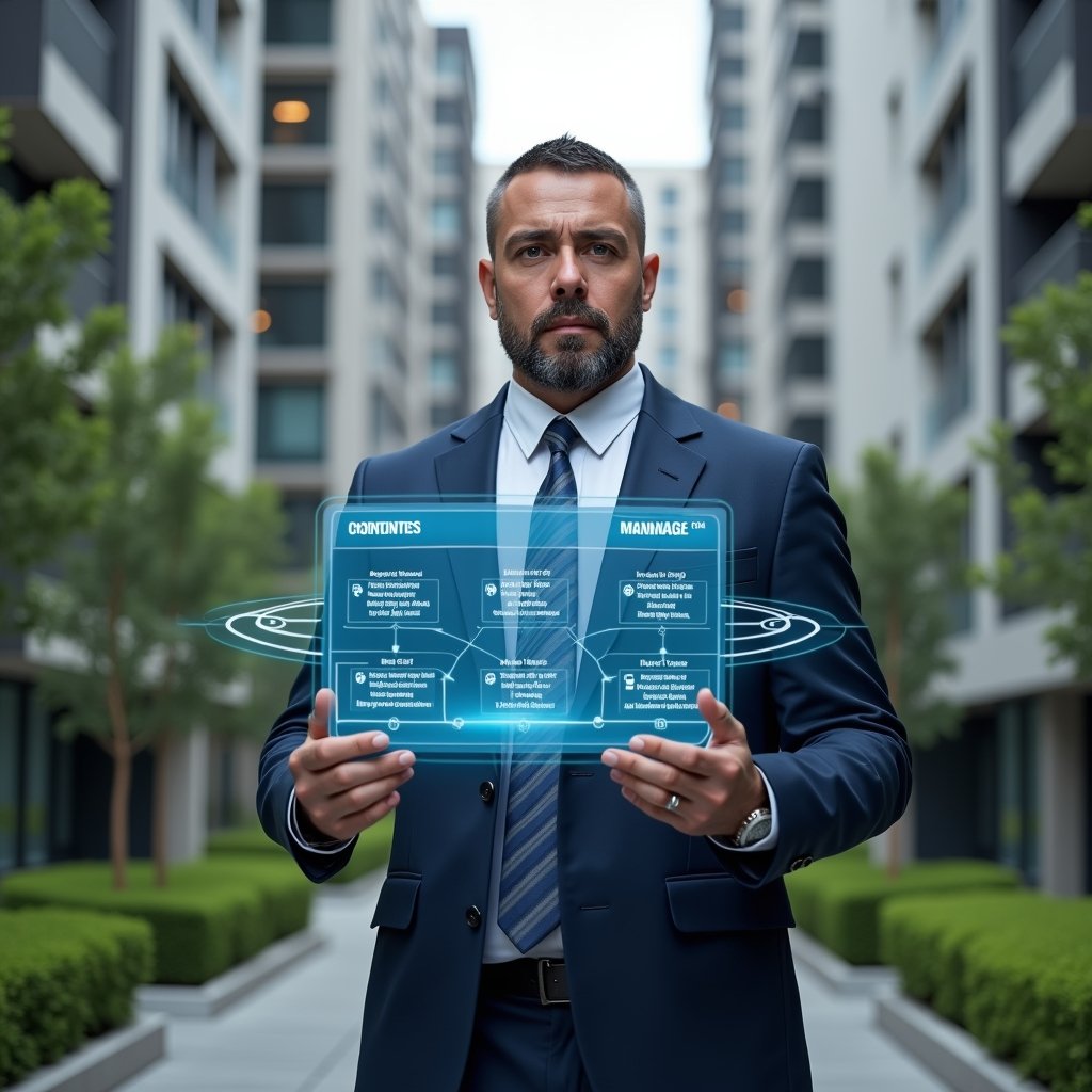 Ultra-realistic property manager in a navy blue suit, set in a modern luxury condominium environment with high-rise buildings and manicured green landscaping, interacting with a holographic digital schedule displaying maintenance tasks and timelines, confident and focused expression, cinematic lighting, shallow depth of field, highly detailed textures, realistic skin, photographic realism, 8k resolution --ar 1:1 --v 6