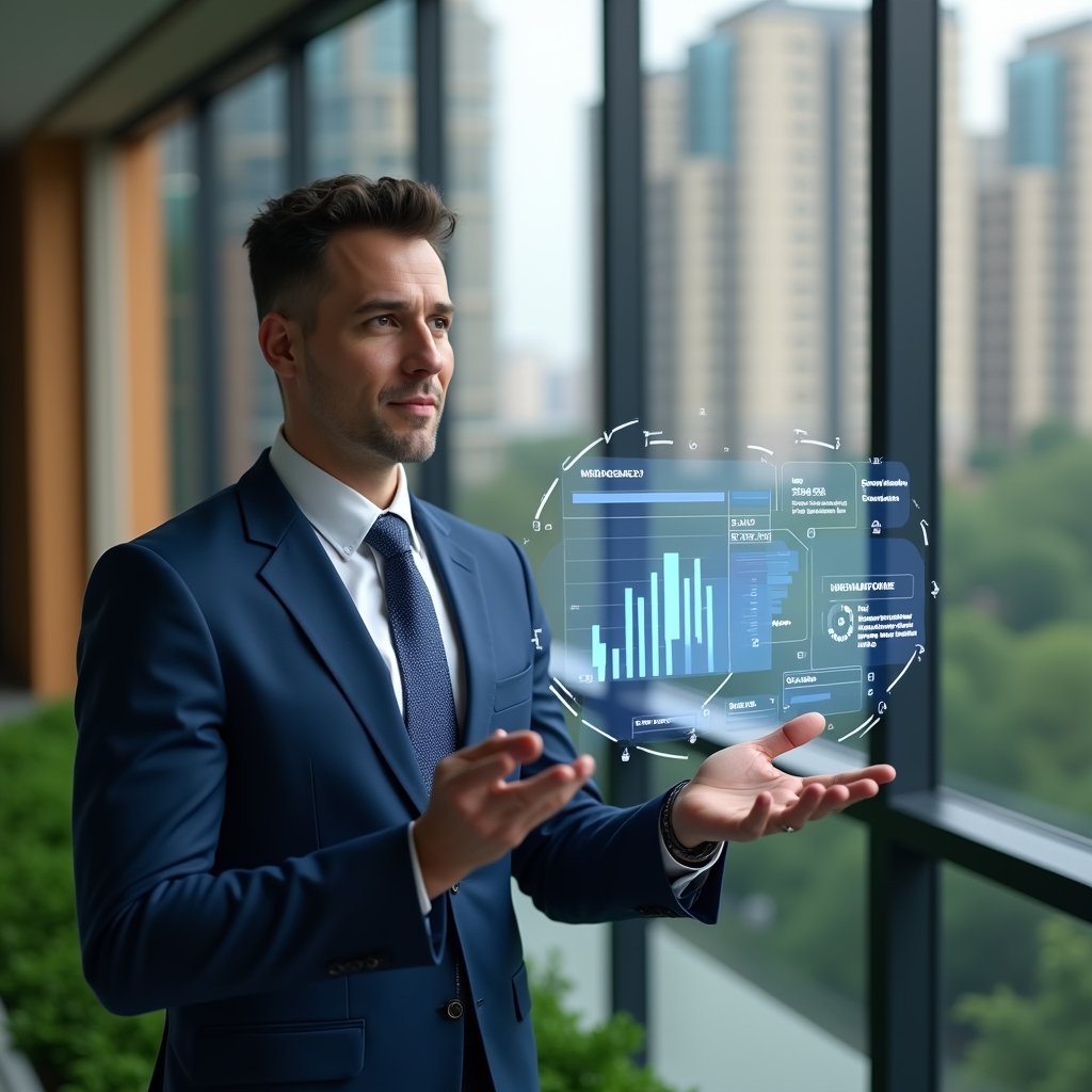 Ultra-realistic condominium manager in a navy blue executive suit, set in a modern luxury condominium environment with high-rise buildings and manicured green landscaping, interacting with a floating holographic interface displaying digital workflow charts, confident and focused expression, cinematic lighting, shallow depth of field, highly detailed textures, realistic skin, photographic realism, 8k resolution --ar 1:1 --v 6
