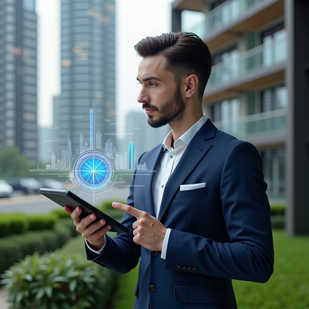 Ultra-realistic condominium manager in a navy blue tailored suit, set in a modern luxury condominium environment with high-rise buildings and manicured green landscaping, holding a tablet displaying a floating holographic pie chart of unit fractions, pointing thoughtfully at the chart, holographic icons of currency and building silhouettes swirling around, cinematic lighting, shallow depth of field, highly detailed textures, realistic skin, photographic realism, 8k resolution --ar 1:1 --v 6