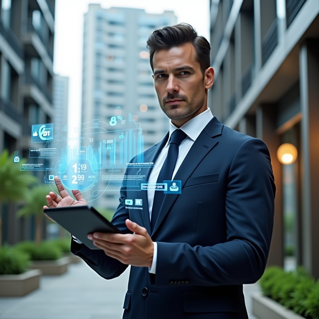 Ultra-realistic condominium manager in a tailored dark blue suit, set in a modern luxury condominium environment with high-rise buildings and green landscaping, interacting with a floating holographic dashboard displaying digital management analytics, tablet in hand showing a condo app interface, confident and focused expression, cinematic lighting, shallow depth of field, highly detailed textures, realistic skin, photographic realism, 8k resolution --ar 1:1 --v 6