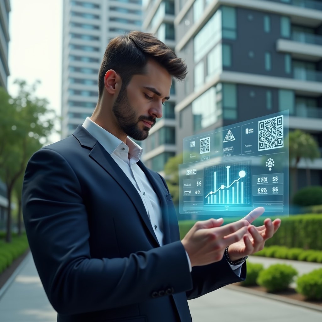 (Ultra-realistic condominium manager in a tailored navy suit, set in a modern luxury condominium environment with high-rise buildings and manicured green landscaping, medium close-up of a focused professional interacting with a floating holographic invoice interface displaying QR codes and payment graphs, symbolic digital icons of money and automated billing, cinematic lighting, shallow depth of field, highly detailed textures, realistic skin, photographic realism, 8k resolution --ar 1:1 --v 6)