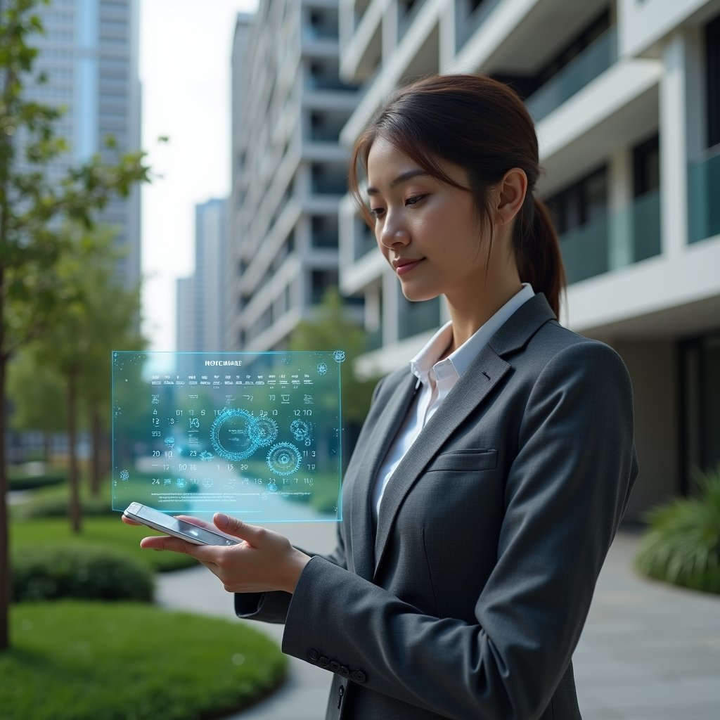 Ultra-realistic condominium manager in a charcoal gray suit, set in a modern luxury condominium environment with high-rise buildings and manicured green landscaping, mid-shot close-up as they interact with a holographic interactive calendar displaying task schedules and digital gears, confident and focused expression, cinematic lighting, shallow depth of field, highly detailed textures, realistic skin, photographic realism, 8k resolution --ar 1:1 --v 6