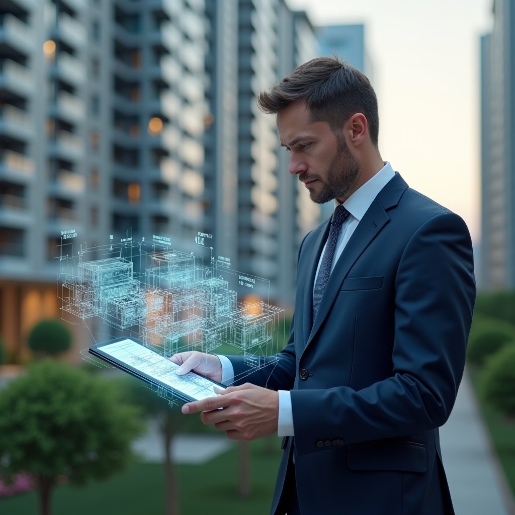 Ultra-realistic condominium manager in a navy executive suit, set in a modern luxury condominium environment with high-rise buildings and green landscaping, confidently analyzing a holographic floor plan displaying unit areas and ideal fraction percentages, cinematic lighting, shallow depth of field, highly detailed textures, realistic skin, photographic realism, 8k resolution --ar 1:1 --v 6