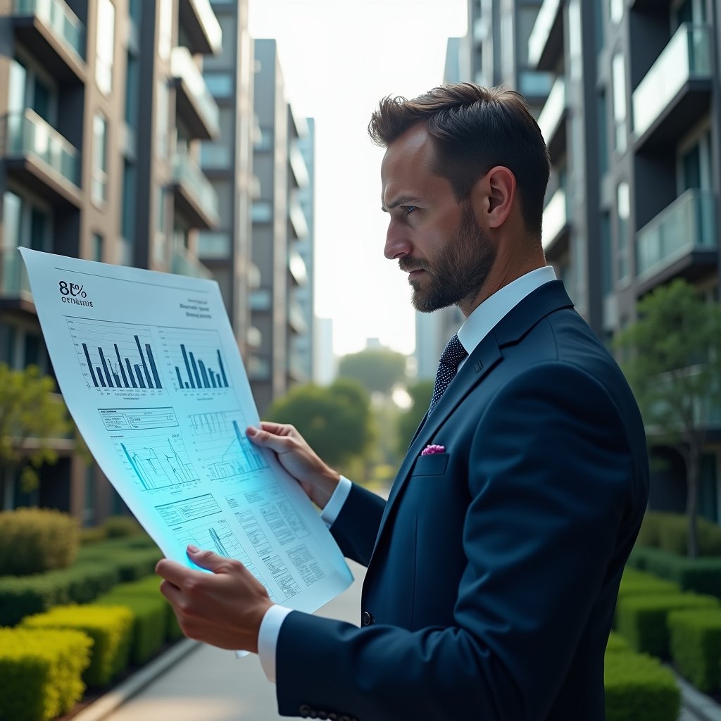 Ultra-realistic condominium manager in a navy executive suit, set in a modern luxury condominium environment with high-rise buildings and manicured green landscaping, analyzing a holographic blueprint displaying fractional percentages and charts, focused and confident expression, cinematic lighting, shallow depth of field, highly detailed textures, realistic skin, photographic realism, 8k resolution --ar 1:1 --v 6