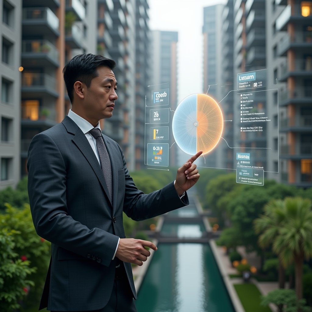 Ultra-realistic condominium manager in a dark grey executive suit, set in a modern luxury condominium environment with high-rise buildings and manicured green landscaping, examining a holographic pie chart representing ideal unit fractions, pointing thoughtfully at the floating chart to ensure fair cost distribution, cinematic lighting, shallow depth of field, highly detailed textures, realistic skin, photographic realism, 8k resolution --ar 1:1 --v 6