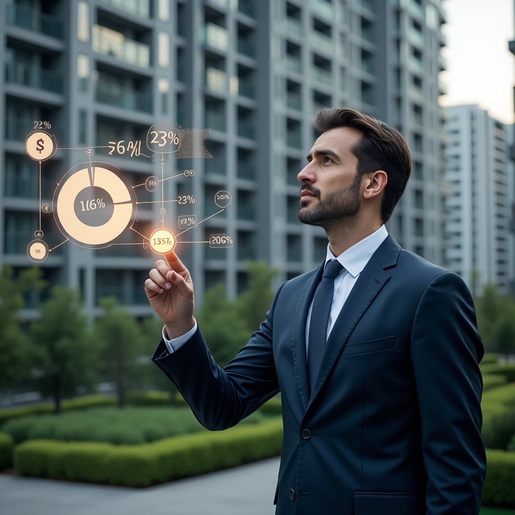 (Ultra-realistic condominium manager in a tailored navy suit, set in a modern luxury condominium environment with high-rise buildings and manicured green landscaping, standing in a medium close-up and thoughtfully pointing at a floating holographic pie chart showing unit percentages, digital fractional diagrams and percentage icons glowing beside them, cinematic lighting, shallow depth of field, highly detailed textures, realistic skin, photographic realism, 8k resolution --ar 1:1 --v 6)