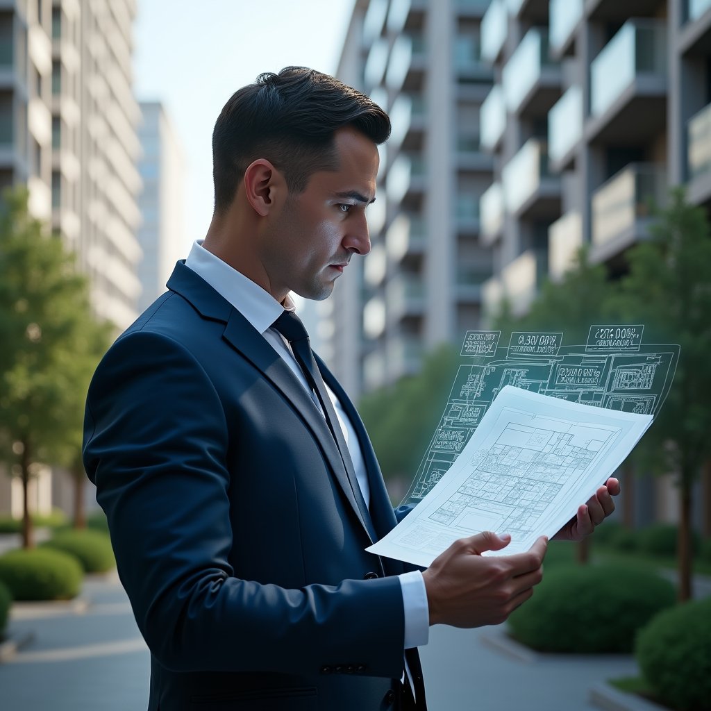 Ultra-realistic condominium manager in a navy suit, set in a modern luxury condominium environment with high-rise buildings and meticulously landscaped greenery, confidently examining a holographic architectural blueprint displaying fraction percentages and legal icons, focused expression, cinematic lighting, shallow depth of field, highly detailed textures, realistic skin, photographic realism, 8k resolution --ar 1:1 --v 6