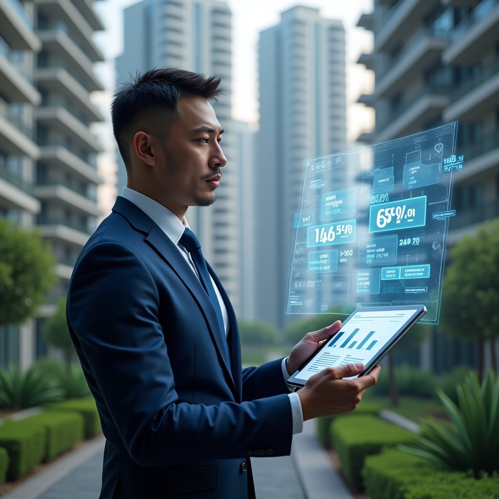 Ultra-realistic condominium manager in a navy blue suit, set in a modern luxury condominium environment with high-rise buildings and lush green landscaping, examining a floating holographic blueprint displaying fractional percentages for each unit, holding a digital tablet with detailed fraction charts, confident and focused expression, cinematic lighting, shallow depth of field, highly detailed textures, realistic skin, photographic realism, 8k resolution --ar 1:1 --v 6
