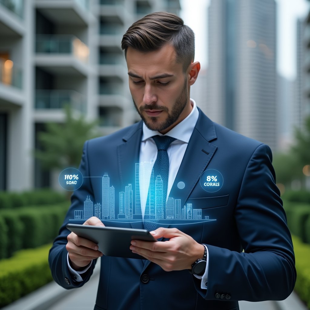 Ultra-realistic condo manager in a navy blue suit, set in a modern luxury condominium environment with high-rise buildings and green landscaping, displaying a holographic pie chart of unit fractions while thoughtfully analyzing data on a tablet, holographic icons of buildings and percentages floating around, cinematic lighting, shallow depth of field, highly detailed textures, realistic skin, photographic realism, 8k resolution --ar 1:1 --v 6