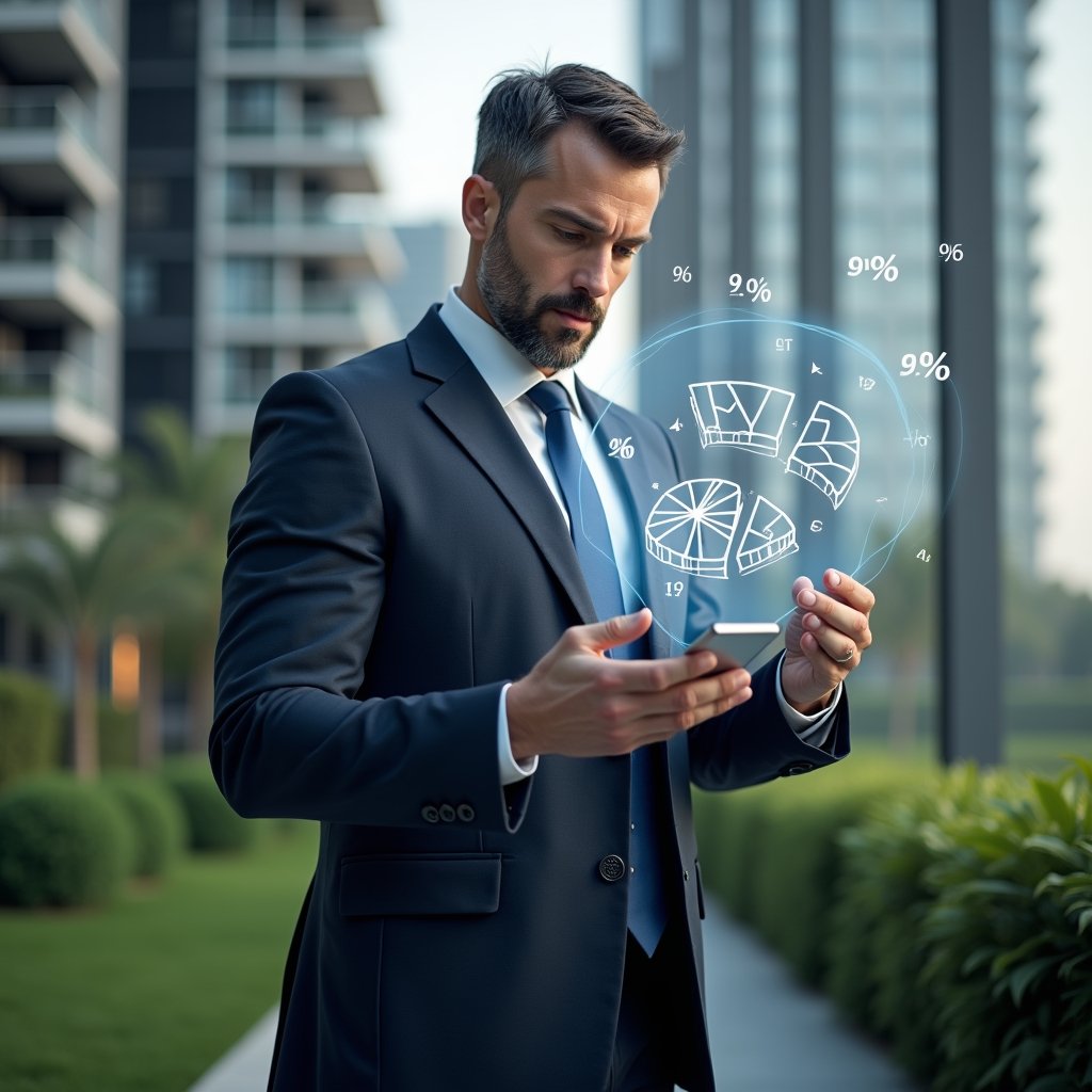 Ultra-realistic condominium manager in a dark navy suit, set in a modern luxury condominium environment with high-rise buildings and green landscaping, analyzing a holographic fractional chart with 3D pie segments floating mid-air, confident and focused expression, symbolic percentage icons orbiting around, cinematic lighting, shallow depth of field, highly detailed textures, realistic skin, photographic realism, 8k resolution --ar 1:1 --v 6
