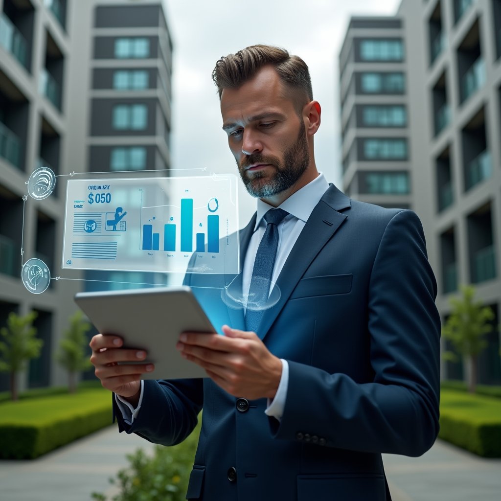 (Ultra-realistic condominium manager in a navy executive suit, set in a modern luxury condominium environment with high-rise buildings and manicured green landscaping, examining a holographic budget dashboard displaying ordinary vs. extraordinary expenses, confident and focused expression, symbolic floating pie charts and currency icons, cinematic lighting, shallow depth of field, highly detailed textures, realistic skin, photographic realism, 8k resolution --ar 1:1 --v 6)