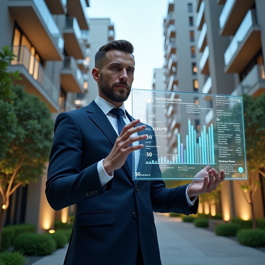 Ultra-realistic condominium manager in a tailored navy suit, set in a modern luxury condominium environment with high-rise buildings and lush green landscaping, analyzing holographic financial charts and expense breakdowns with a confident expression, floating icons representing ordinary and extraordinary expenses, cinematic lighting, shallow depth of field, highly detailed textures, realistic skin, photographic realism, 8k resolution --ar 1:1 --v 6