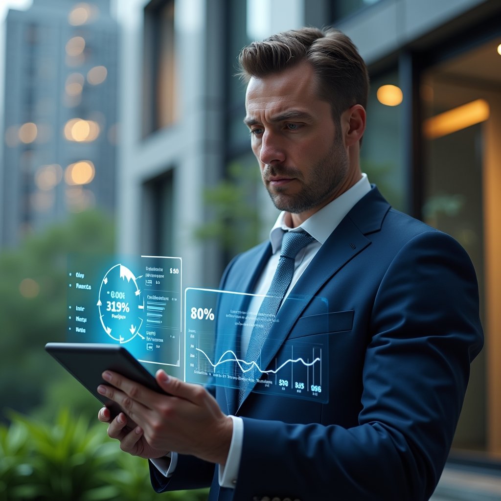 Ultra-realistic condominium manager in a navy blue tailored suit, set in a modern luxury condominium environment with high-rise buildings and manicured green gardens, analyzing a holographic financial dashboard projected from a sleek tablet, displaying downward cost-reduction arrows and expense charts, confident and focused expression, cinematic lighting, shallow depth of field, highly detailed textures, realistic skin, photographic realism, 8k resolution --ar 1:1 --v 6
