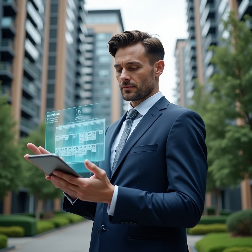 (Ultra-realistic condominium manager in a tailored navy suit, set in a modern luxury condominium environment with high-rise buildings and manicured green spaces, mid shot holding a tablet displaying a holographic calendar schedule, surrounded by floating schedule icons and digital notifications, focused and confident expression, cinematic lighting, shallow depth of field, highly detailed textures, realistic skin, photographic realism, 8k resolution --ar 1:1 --v 6)