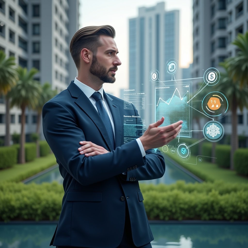 Ultra-realistic condominium property manager in a navy suit, set in a modern luxury condominium environment with high-rise buildings and pristine green landscaping, reviewing a holographic financial dashboard with floating expense charts and reserve fund icons, thoughtful and confident expression, cinematic lighting, shallow depth of field, highly detailed textures, realistic skin, photographic realism, 8k resolution --ar 1:1 --v 6