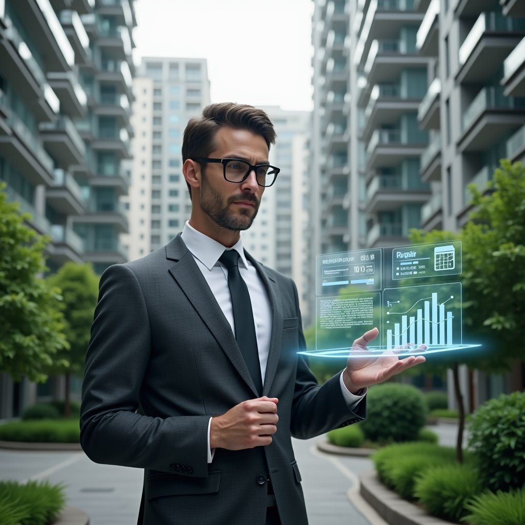 (Ultra-realistic condominium manager in a charcoal gray executive suit, set in a modern luxury condominium environment with high-rise glass buildings and manicured green gardens, analyzing holographic charts that separate ordinary and extraordinary expenses, floating icons of invoices and repair tools beside the manager, confident and focused expression, cinematic lighting, shallow depth of field, highly detailed textures, realistic skin, photographic realism, 8k resolution --ar 1:1 --v 6)