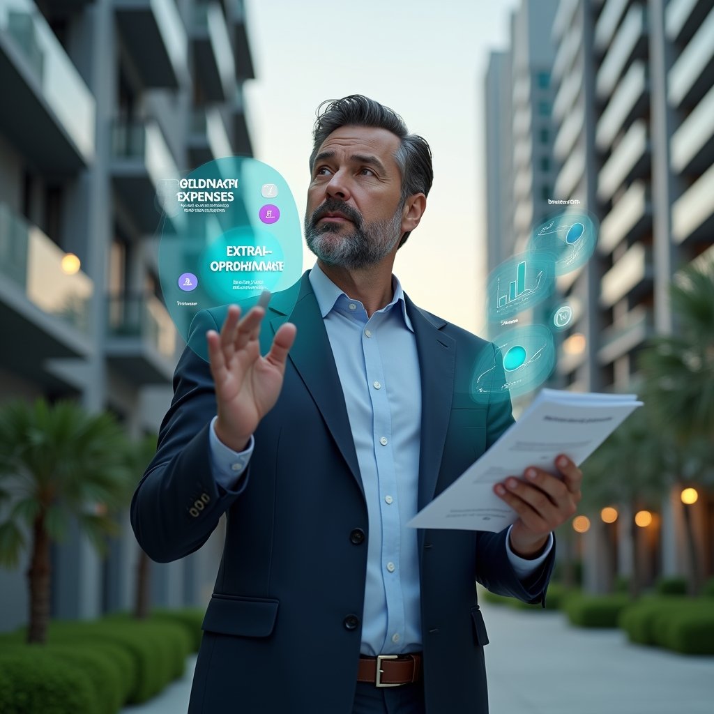 (Ultra-realistic condominium manager in a navy suit, set in a modern luxury condominium environment with high-rise buildings and green landscaping, mid-shot of a professional analyzing floating holographic charts labeled “Ordinary Expenses” and “Extraordinary Expenses,” holding financial reports and gesturing thoughtfully toward distinct colored icons representing reserve fund and monthly fees, cinematic lighting, shallow depth of field, highly detailed textures, realistic skin, photographic realism, 8k resolution --ar 1:1 --v 6)