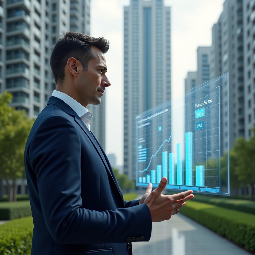 Ultra-realistic condominium manager in a navy executive suit, set in a modern luxury condominium environment with high-rise buildings and lush green landscaping, reviewing transparent holographic financial charts with a confident, focused expression, floating digital ledger icons symbolizing clear accounting, cinematic lighting, shallow depth of field, highly detailed textures, realistic skin, photographic realism, 8k resolution --ar 1:1 --v 6