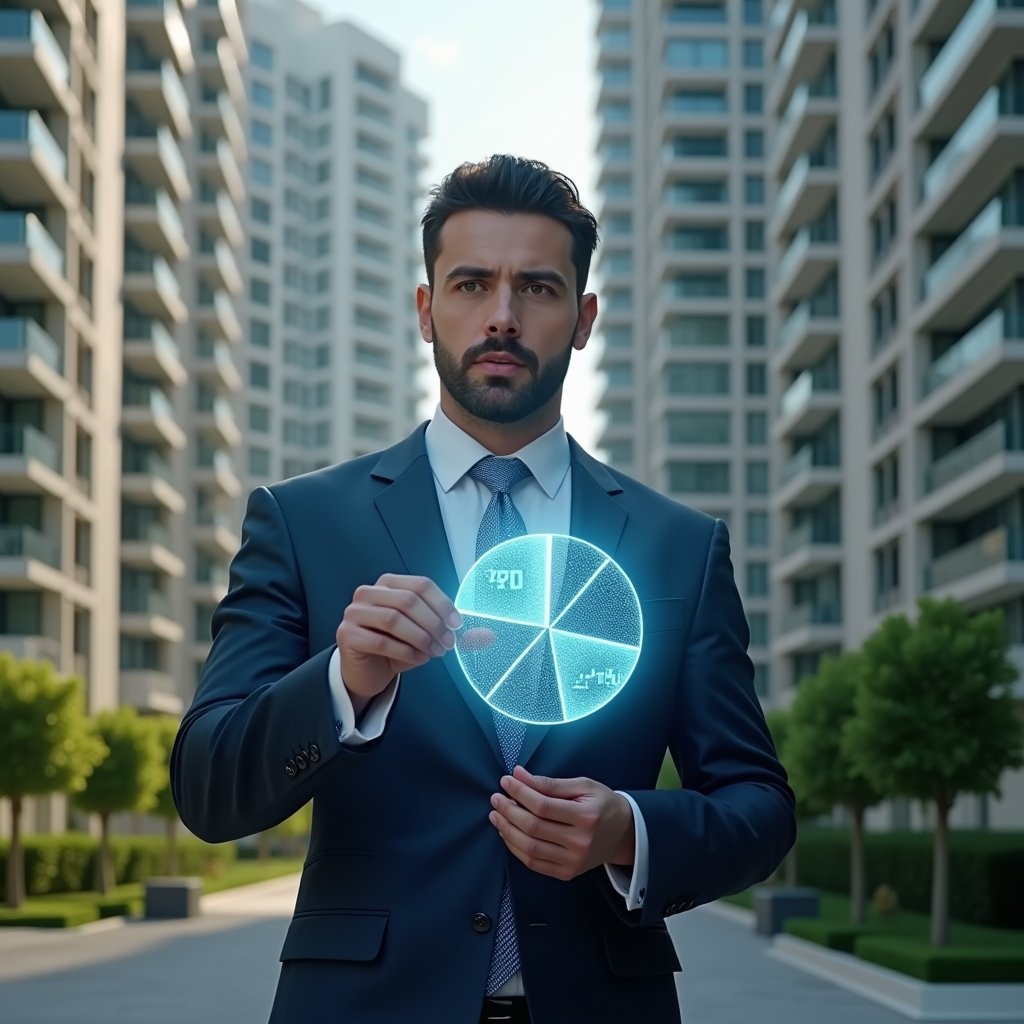 (Ultra-realistic condominium manager in a navy suit, set in a modern luxury condominium environment with high-rise buildings and manicured green landscaping, mid-shot of the manager thoughtfully examining a holographic pie chart displaying fractional percentages, symbolic floating holographic 3D fractions ideal icons around him, cinematic lighting, shallow depth of field, highly detailed textures, realistic skin, photographic realism, 8k resolution --ar 1:1 --v 6)