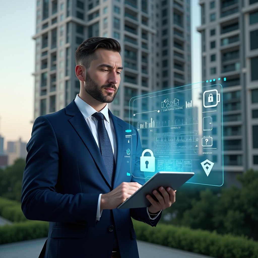 Ultra-realistic condominium manager in a navy suit, analyzing a holographic condominium management app interface projected from a tablet, set in a modern luxury condominium environment with high-rise buildings and green landscaping, holographic icons of charts and security locks symbolizing advanced features and safety, confident expression, cinematic lighting, shallow depth of field, highly detailed textures, realistic skin, photographic realism, 8k resolution --ar 1:1 --v 6