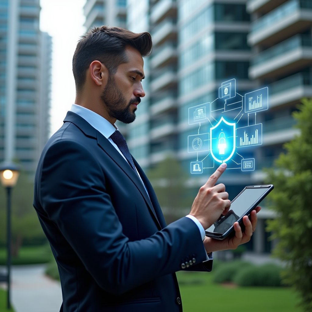 Ultra-realistic property manager in a tailored navy blue suit, set in a modern luxury condominium environment with high-rise glass buildings and manicured green landscaping, holding a digital tablet with holographic app icons and financial charts floating above it, confidently pointing at a glowing security shield symbol, cinematic lighting, shallow depth of field, highly detailed textures, realistic skin, photographic realism, 8k resolution --ar 1:1 --v 6