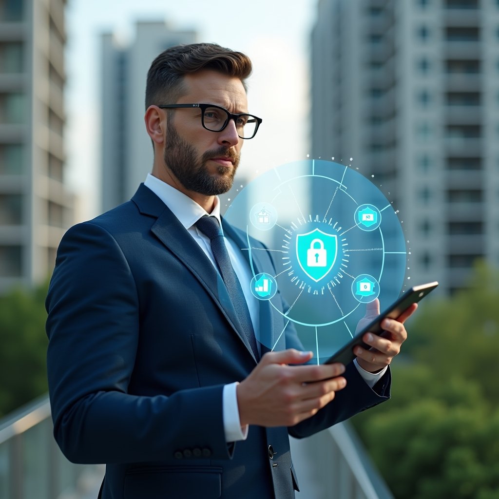 (Ultra-realistic condominium manager in a navy blue executive suit, set in a modern luxury condominium environment with high-rise buildings and lush green landscaping, close-up medium shot of a focused, confident professional analyzing a floating holographic interface displaying app icons, charts and security shields symbolizing management and support, cinematic lighting, shallow depth of field, highly detailed textures, realistic skin, photographic realism, 8k resolution --ar 1:1 --v 6)