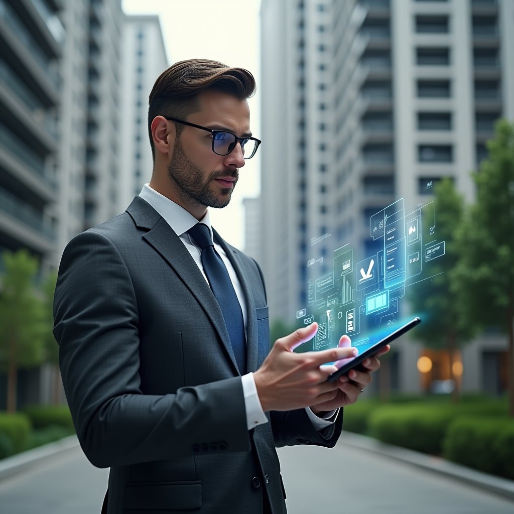 Ultra-realistic condo manager in a charcoal gray suit, set in a modern luxury condominium environment with high-rise buildings and pristine green landscaping, examining a transparent holographic tablet displaying app icons and data charts, a floating smartphone UI hologram beside them, confident and focused expression, cinematic lighting, shallow depth of field, highly detailed textures, realistic skin, photographic realism, 8k resolution --ar 1:1 --v 6