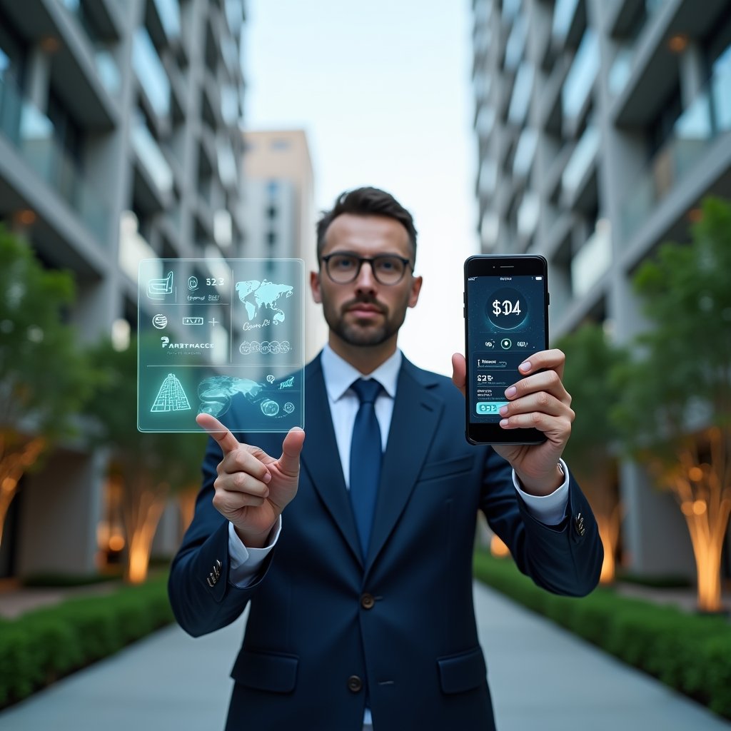 Ultra-realistic condominium manager in a tailored navy suit, set in a modern luxury condominium environment with high-rise buildings and manicured green landscaping, holding a holographic smartphone interface displaying app icons and charts, confidently pointing at a floating dashboard of the “best condominium management app” criteria, cinematic lighting, shallow depth of field, highly detailed textures, realistic skin, photographic realism, 8k resolution --ar 1:1 --v 6