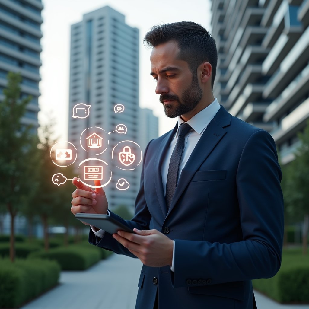 (Ultra-realistic building manager in a navy blue suit, set in a modern luxury condominium environment with high-rise buildings and manicured green landscaping, examining a floating holographic condominium management app interface, with glowing icons for security, communication and finance orbiting around him, cinematic lighting, shallow depth of field, highly detailed textures, realistic skin, photographic realism, 8k resolution --ar 1:1 --v 6)