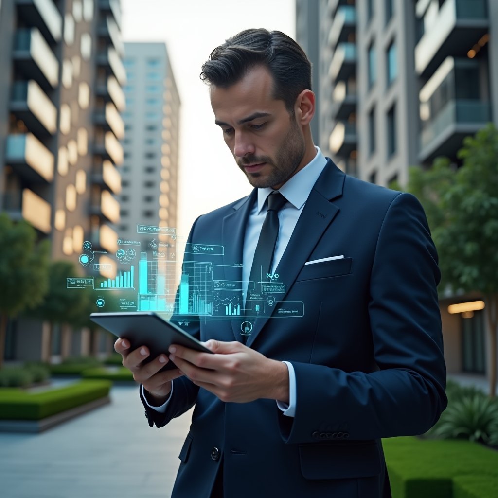 Ultra-realistic condominium manager in a navy tailored suit, set in a modern luxury condominium environment with high-rise buildings and manicured green landscaping, holding a tablet displaying a holographic condominium management app interface, analyzing data with a focused, confident expression, floating app icons and charts as thematic holograms, cinematic lighting, shallow depth of field, highly detailed textures, realistic skin, photographic realism, 8k resolution --ar 1:1 --v 6