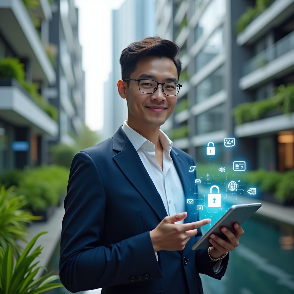 (Ultra-realistic condominium manager in a navy executive suit, set in a modern luxury condominium environment with high-rise buildings and lush green landscaping, holding a tablet displaying holographic app interface with security padlock, chart and chat icons, confident focused expression, futuristic management holograms floating around, cinematic lighting, shallow depth of field, highly detailed textures, realistic skin, photographic realism, 8k resolution --ar 1:1 --v 6)