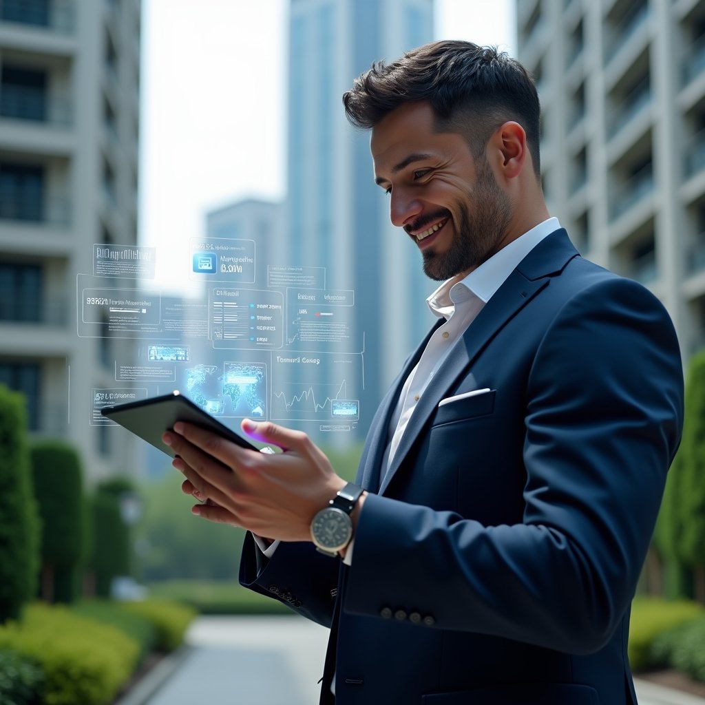(Ultra-realistic condominium manager in a navy blue executive suit, set in a modern luxury condominium environment with high-rise buildings and lush green landscaping, holding a tablet displaying a holographic dashboard of building management metrics, confidently analyzing the interface with a slight smile, floating icons of calendar, finances, and reservation schedules around the device, cinematic lighting, shallow depth of field, highly detailed textures, realistic skin, photographic realism, 8k resolution --ar 1:1 --v 6)