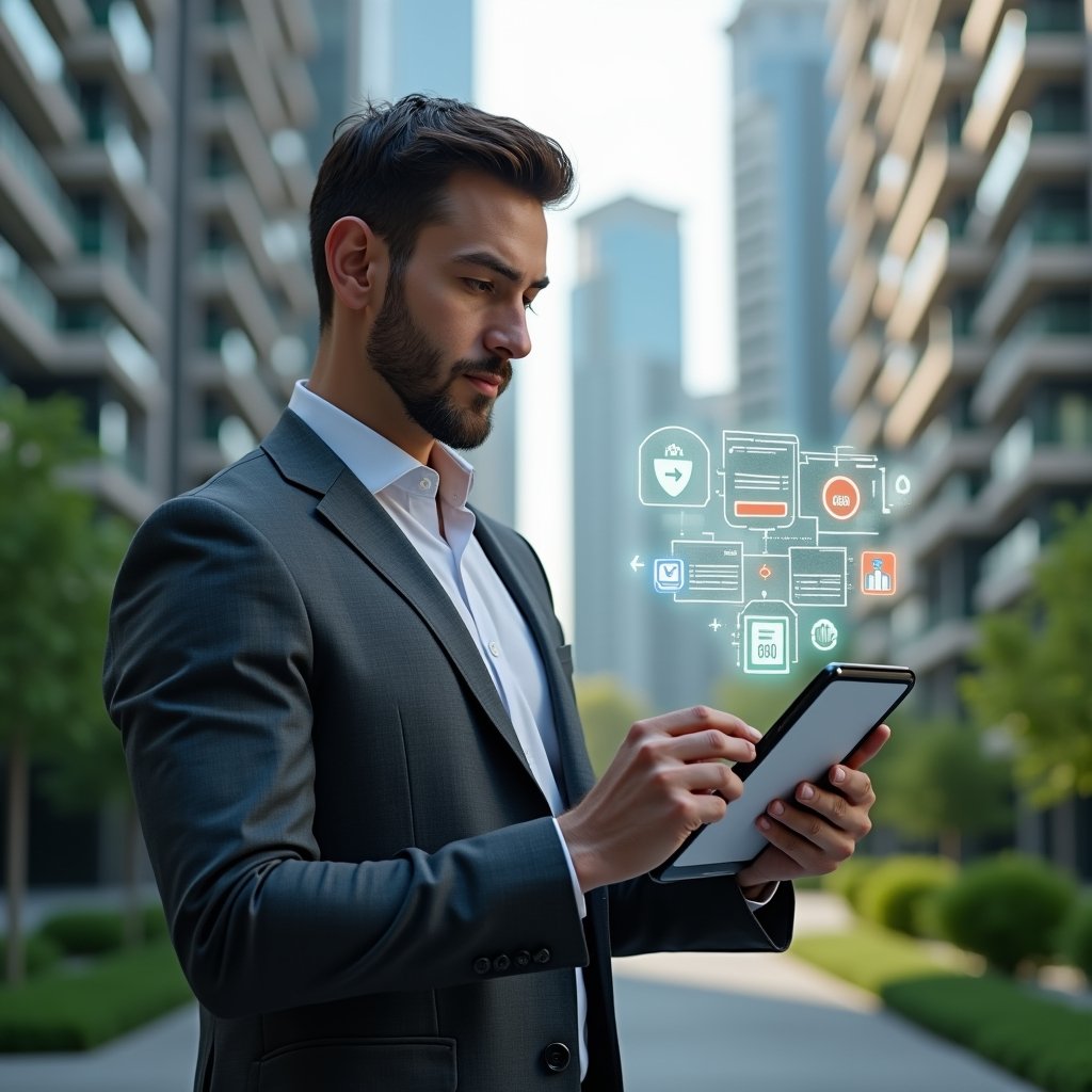 Ultra-realistic condominium manager in a charcoal gray suit, set in a modern luxury condominium environment with high-rise buildings and lush green landscaping, holding a digital tablet displaying a floating holographic interface of condo management app icons and analytics charts, analyzing the interface with a confident expression, a translucent holographic smartphone screen with a highlighted condo management app icon hovering nearby, cinematic lighting, shallow depth of field, highly detailed textures, realistic skin, photographic realism, 8k resolution --ar 1:1 --v 6