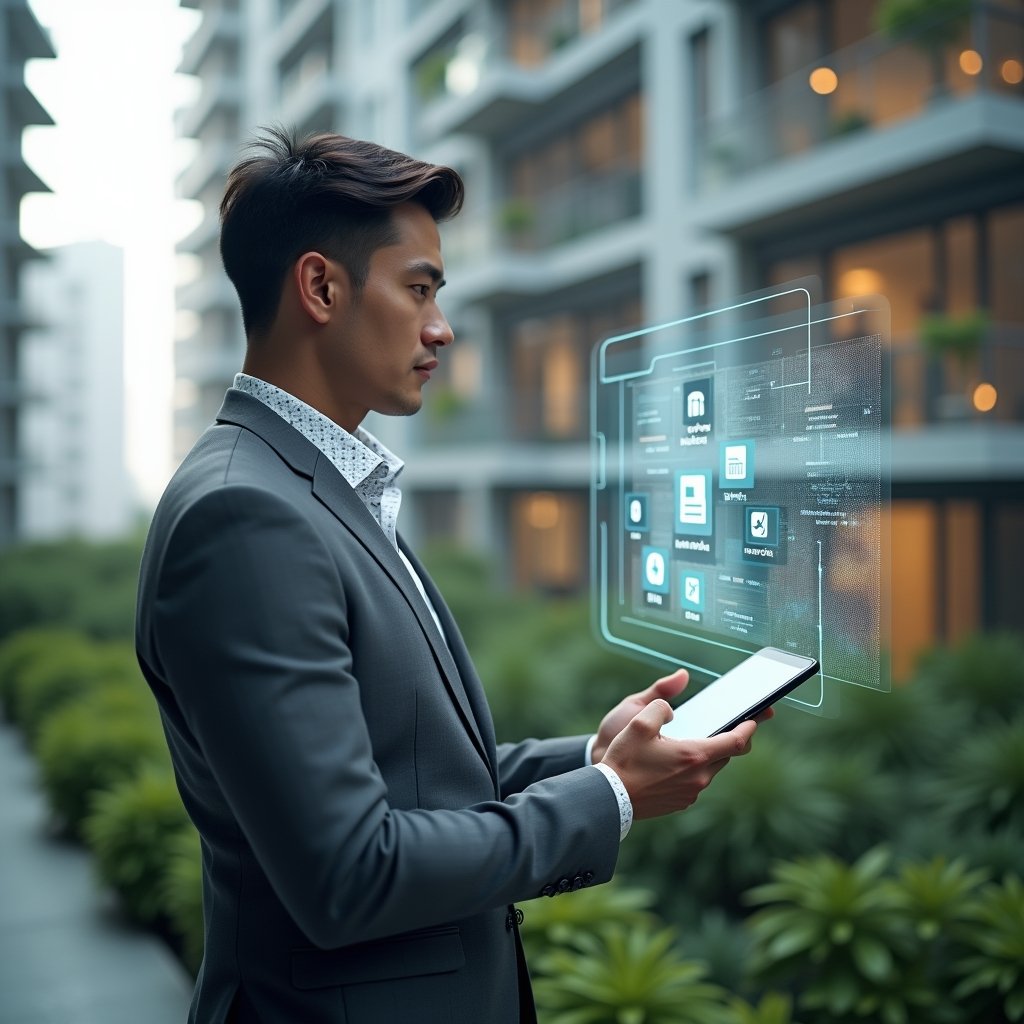 Ultra-realistic condominium manager in a tailored gray suit, set in a modern luxury condominium environment with high-rise buildings and lush green landscaping, analyzing a holographic interface of a condominium management app with floating icons for finance, reservations and support, confident and focused expression, cinematic lighting, shallow depth of field, highly detailed textures, realistic skin, photographic realism, 8k resolution --ar 1:1 --v 6
