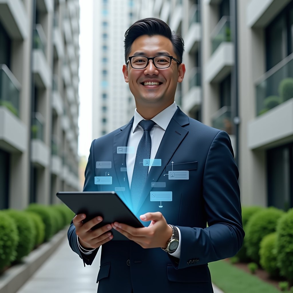(Ultra-realistic condominium manager in a navy blue suit, set in a modern luxury condominium environment with high-rise buildings and manicured green landscaping, holding a tablet displaying a holographic condo management app interface, floating chat and notification icons around the device, confident and engaged expression, cinematic lighting, shallow depth of field, highly detailed textures, realistic skin, photographic realism, 8k resolution --ar 1:1 --v 6)