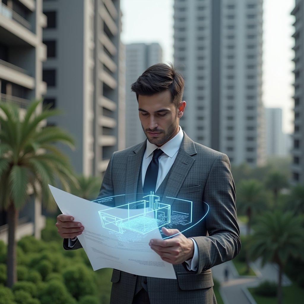 Ultra-realistic condominium manager in a tailored gray suit, set in a modern luxury condominium environment with high-rise buildings and manicured green landscaping, examining a digital blueprint with a glowing holographic ramp overlay and elevator icon, thoughtful and confident expression, cinematic lighting, shallow depth of field, highly detailed textures, realistic skin, photographic realism, 8k resolution --ar 1:1 --v 6