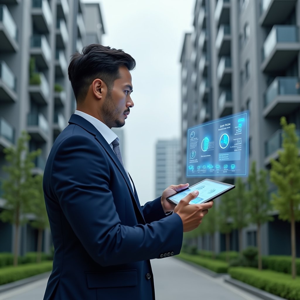 Ultra-realistic condominium manager in a navy blue executive suit, set in a modern luxury condominium environment with high-rise buildings and green landscaping, standing in a medium shot while reviewing holographic financial charts projected from a tablet, conveying confidence and focus, with floating icons of budget graphs and communication symbols around them, cinematic lighting, shallow depth of field, highly detailed textures, realistic skin, photographic realism, 8k resolution --ar 1:1 --v 6