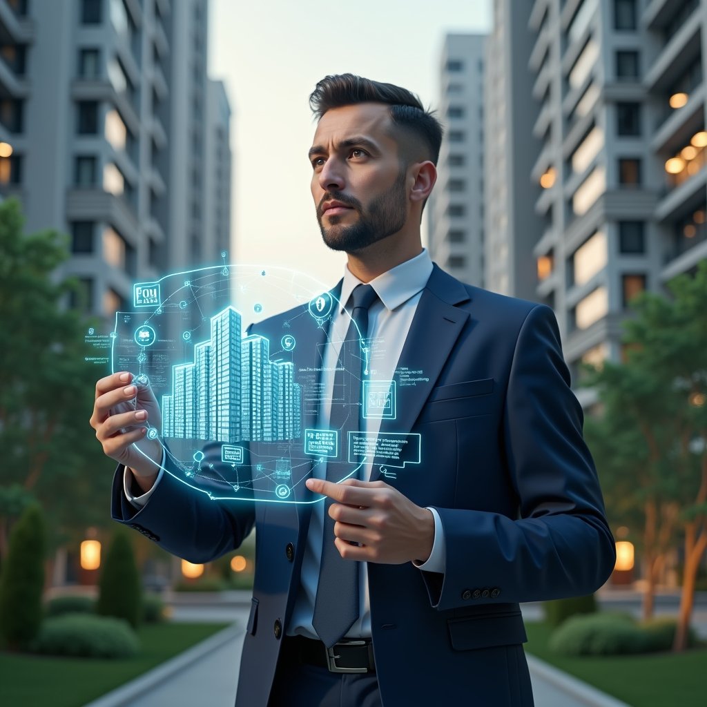 Ultra-realistic property manager in a navy tailored suit, set in a modern luxury condominium environment with high-rise buildings and lush green landscaping, analyzing a holographic interface displaying financial charts and building management icons, floating gear and network symbols, confident and focused expression, cinematic lighting, shallow depth of field, highly detailed textures, realistic skin, photographic realism, 8k resolution --ar 1:1 --v 6