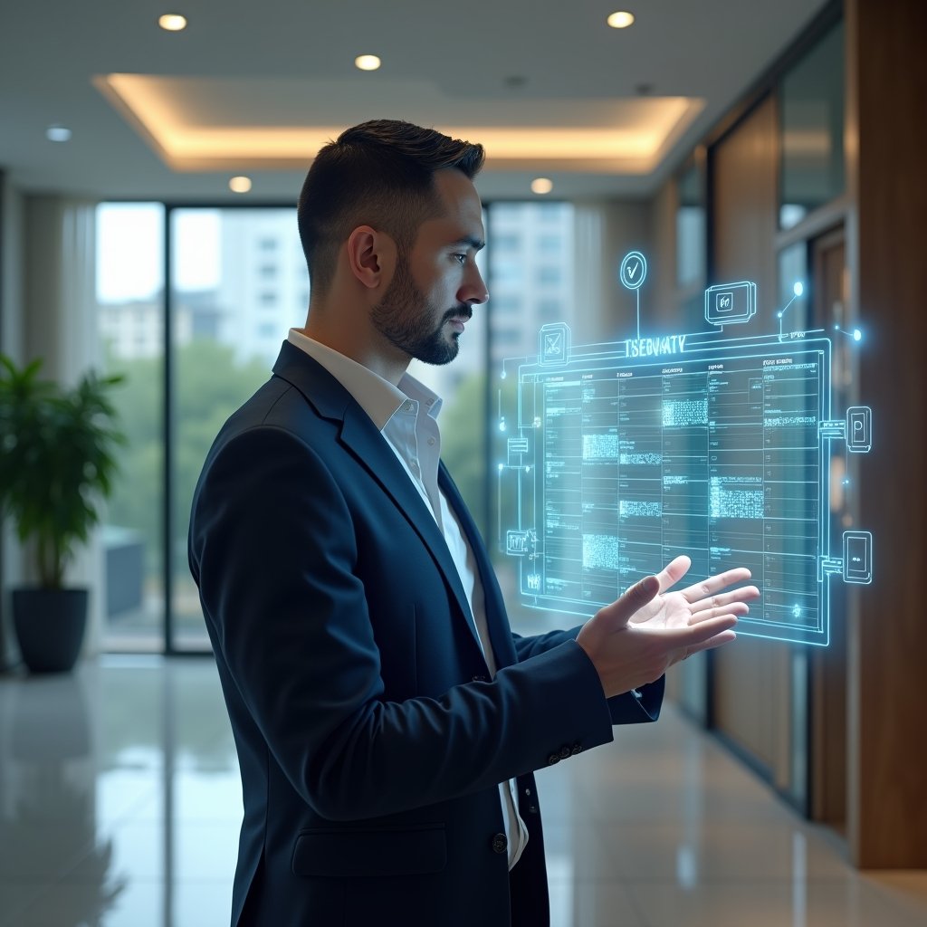 Ultra-realistic condominium manager in a navy business suit, set in a modern luxury condominium environment with high-rise buildings and green landscaping, standing in a sleek lobby holding a holographic calendar interface displaying task schedules in a timeline layout, confidently analyzing the schedule, holographic icons of maintenance tools and checkmarks floating around, cinematic lighting, shallow depth of field, highly detailed textures, realistic skin, photographic realism, 8k resolution --ar 1:1 --v 6