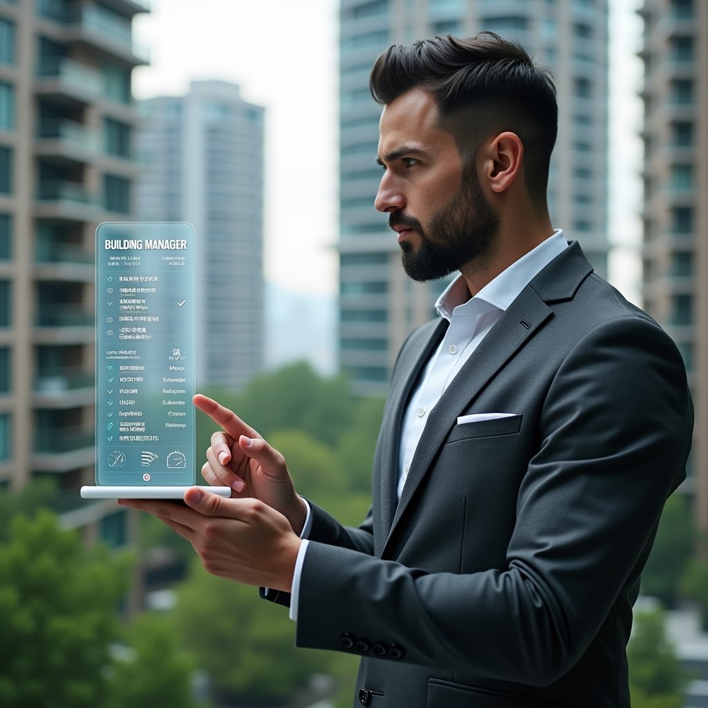 (Ultra-realistic building manager in a charcoal gray suit, set in a modern luxury condominium environment with high-rise buildings and lush green landscaping, holding a transparent holographic calendar and tapping on task icons as if organizing a schedule, a floating digital timeline with checkmarks and clock symbols beside them, cinematic lighting, shallow depth of field, highly detailed textures, realistic skin, photographic realism, 8k resolution --ar 1:1 --v 6)