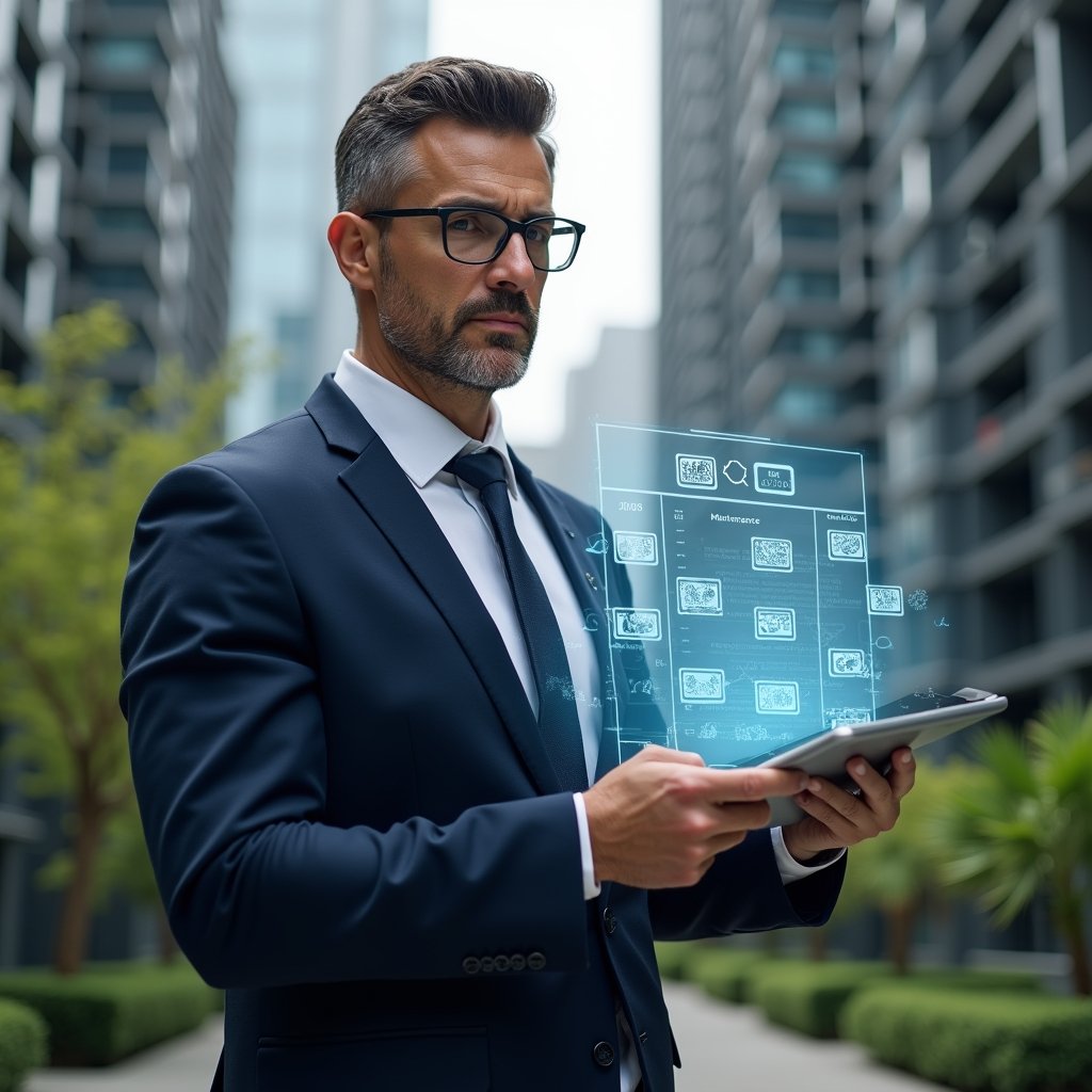 Ultra-realistic property manager in a navy blue suit, set in a modern luxury condominium environment with high-rise buildings and lush green landscaping, holding a digital tablet displaying a holographic calendar of maintenance tasks and cleaning schedules, floating icons of checkmarks and gears symbolizing organized planning, confident and focused expression, cinematic lighting, shallow depth of field, highly detailed textures, realistic skin, photographic realism, 8k resolution --ar 1:1 --v 6