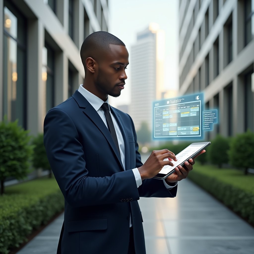 (Ultra-realistic condominium manager in a tailored navy suit, set in a modern luxury condominium environment with high-rise buildings and manicured green landscaping, standing in a medium shot while interacting with a floating holographic calendar and maintenance icons, confidently pointing at scheduled tasks on a sleek tablet displaying a digital calendar interface, cinematic lighting, shallow depth of field, highly detailed textures, realistic skin, photographic realism, 8k resolution --ar 1:1 --v 6)