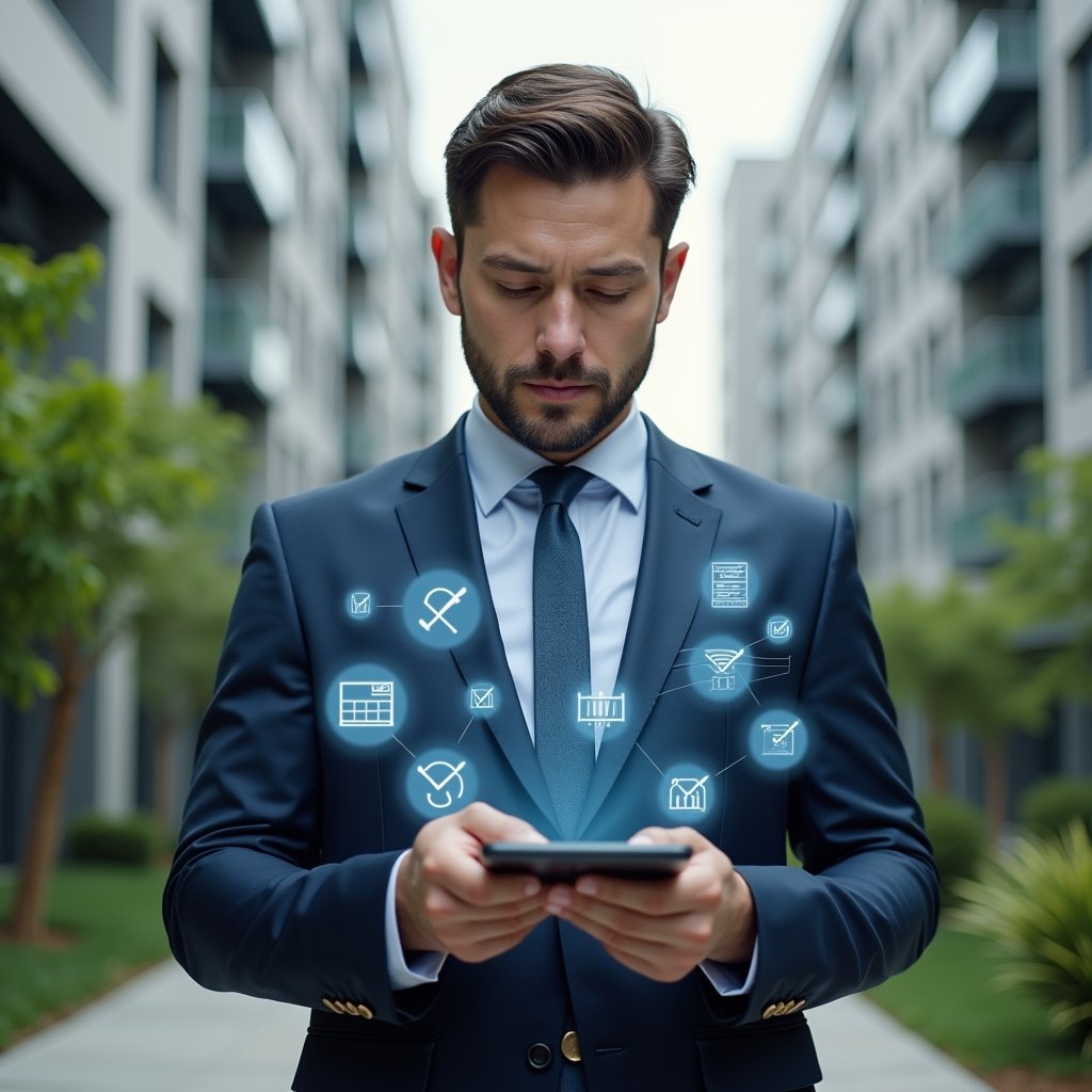 Ultra-realistic condominium manager in a tailored navy blue suit, set in a modern luxury condominium environment with high-rise buildings and lush green landscaping, examining a holographic activity schedule with confident focus, floating calendar icons and checkmarks symbolizing organized tasks and deadlines, cinematic lighting, shallow depth of field, highly detailed textures, realistic skin, photographic realism, 8k resolution --ar 1:1 --v 6