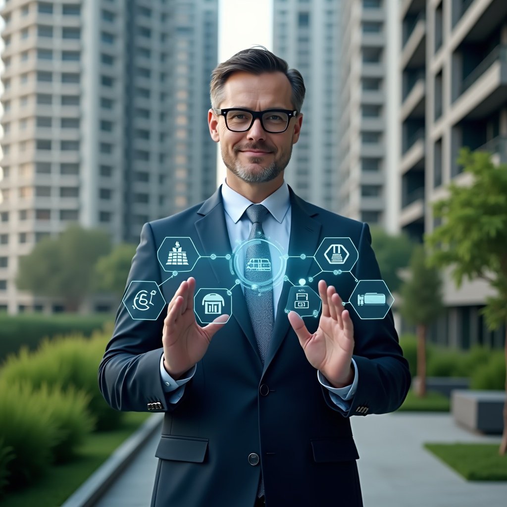 Ultra-realistic condominium manager in a tailored navy suit, set in a modern luxury condominium environment with high-rise buildings and lush green landscaping, standing in a medium close-up pose and confidently interacting with a holographic dashboard displaying five streamlined management steps and cost-reduction icons, cinematic lighting, shallow depth of field, highly detailed textures, realistic skin, photographic realism, 8k resolution --ar 1:1 --v 6