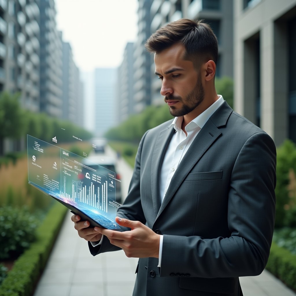 (Ultra-realistic condominium manager in a charcoal gray tailored suit, set in a modern luxury condominium environment with high-rise buildings and manicured greenery, holding and analyzing a holographic financial dashboard with floating charts and documents, confident and focused expression, cinematic lighting, shallow depth of field, highly detailed textures, realistic skin, photographic realism, 8k resolution --ar 1:1 --v 6)