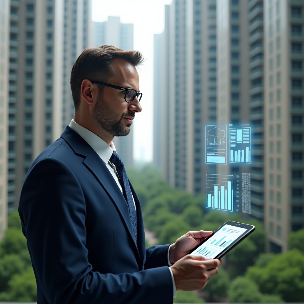 Ultra-realistic condominium manager in a navy executive suit, set in a modern luxury condominium environment with high-rise buildings and green landscaping, confidently reviewing holographic financial charts on a tablet, floating transparent documents and bar graphs symbolizing transparent accounting, cinematic lighting, shallow depth of field, highly detailed textures, realistic skin, photographic realism, 8k resolution --ar 1:1 --v 6